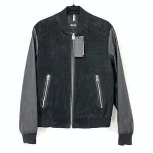 Hugo Boss Leather Suede Bomber Jacket Mens Sz 34R Black Silver Tone Hardware NEW